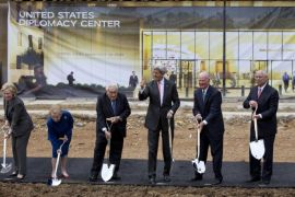 Secretary of State John Kerry, center, accompanied by his predecessors, participate in the groundbreaking ceremony for the U.S. Diplomacy Center, Wednesday, Sept. 3, 2014, at the State Department in Washington. From left are, Hillary Rodham Clinton, Madeleine Albright, Henry Kissinger, Kerry, James A. Baker III, and Colin Powell. Kerry hosted five of his predecessors in a rare public reunion for the groundbreaking of a museum commemorating the achievements of American statesmanship. (AP Photo/Carolyn Kaster)