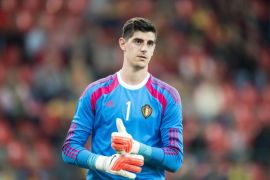 Goalkeeper Thibaut Courtois of Belgium during the friendly match between Belgium and Australia on September 4, 2014 at Stade Maurice Dufrasne in Liege, Belgium.