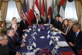 U.S. President Barack Obama meets in New York with representatives of the five Arab nations that contributed in air strikes against Islamic State targets in Syria, September 23, 2014. Also pictured are U.S. Secretary of State John Kerry, U.S. National Security Adviser Susan Rice, Jordan's King Abdullah and Iraqi Prime Minister Haider al-Abadi. The United States and its Arab allies bombed Syria for the first time on Tuesday, killing scores of Islamic State fighters and members of a separate al Qaeda-linked group, opening a new front against militants by joining Syria's three-year-old civil war. REUTERS/Kevin Lamarque (UNITED STATES - Tags: POLITICS CONFLICT MILITARY CIVIL UNREST)