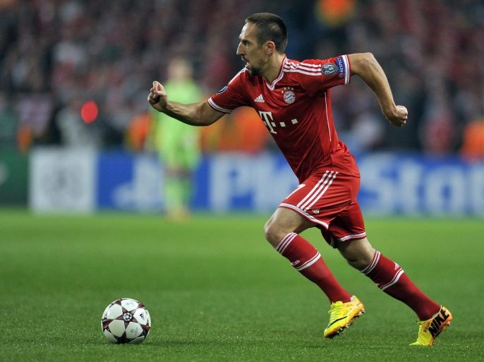 Bayern Munich's Frank Ribery runs in to score the first goal of the game during the Champions League group D soccer match against Manchester City at the Etihad Stadium in Manchester, England, Wednesday, Oct. 2, 2013. (AP Photo/Clint Hughes)