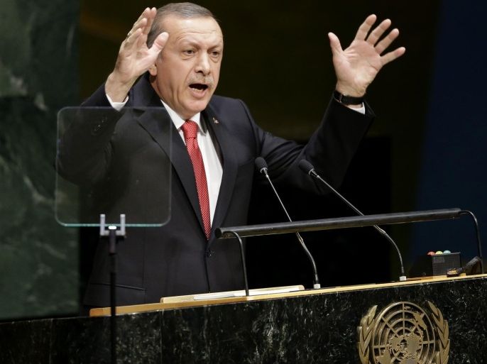 In this Sept. 24, 2014, photo, Turkish President Recep Tayyip Erdogan speaks during the 69th session of the United Nations General Assembly at U.N. headquarters. Moving from reluctance to refusal and finally to acceptance, Turkey is joining its NATO allies and fellow Sunni Muslim nations in a coalition to destroy the Islamic State militant group. But the U.S. is still waiting for details of any new, specific, aid and is warily watching to make sure Ankara keeps its commitments. Erdogan also told reporters on Tuesday, “Of course, we will do our part.” (AP Photo/Seth Wenig)