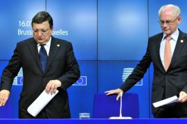European Commission President Jose Manuel Barroso (L) and European Council President Herman Van Rompuy give a press conference at the end of council meeting on July 16, 2014 at the EU Headquarters in Brussels. European Union leaders failed to reach a deal Wednesday on who to appoint to the bloc's top jobs over the next five years.The 28 EU leaders had called a summit to appoint a new foreign affairs chief as well as the president of the European Council, which sets overall policy. AFP PHOTO GEORGES GOBET