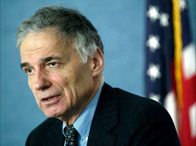 epa000376918 Activist and former US. presidential candidate Ralph Nader speaks at a press conference calling for an end to the war in Iraq at the National Press in Washington, DC Thursday, 24 February, 2005. EPA/MATTHEW CAVANAUGH