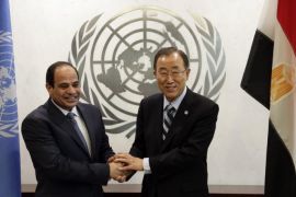 Abdel Fattah Al Sisi, President of Egypt (L) shakes hands with United Nations Secretary-General Ban Ki-moon (R) during a meeting at the 69th session of the United Nations General Assembly at United Nations headquarters in New York, New York, USA, 21 September 2014. At the annual gathering beginning 24 September, representatives from the 193 UN member states and the Palestinian Authority, the Vatican and the European Union will try to make headway on the most pressing crises and lay out their visions for long-term international development.