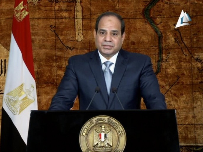 In this image made from video broadcast on Egypt's State Television, President Abdel-Fattah el-Sissi speaks in a nationally televised program in Cairo, Egypt, Saturday, Sept. 6, 2014. El-Sissi asked the public to be patient and to grasp the extent of the challenges facing the country following Thursday's power outage. (AP Photo/Egypt's State Television)