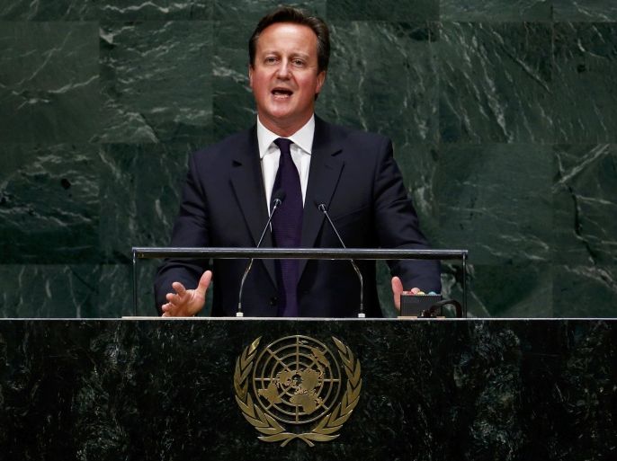 British Prime Minister David Cameron announces that the U.K. will join the air campaign against ISIL as he addresses the 69th United Nations General Assembly at the U.N. headquarters in New York September 24, 2014. REUTERS/Lucas Jackson (UNITED STATES - Tags: POLITICS)
