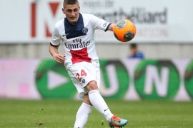 SOCHAUX, FRANCE - APRIL 27: Marco Verratti of PSG in action during the French Ligue 1 match between FC Sochaux Montbeliard and Paris Saint-Germain FC at Stade Bonal on April 27, 2014 in Sochaux, France.