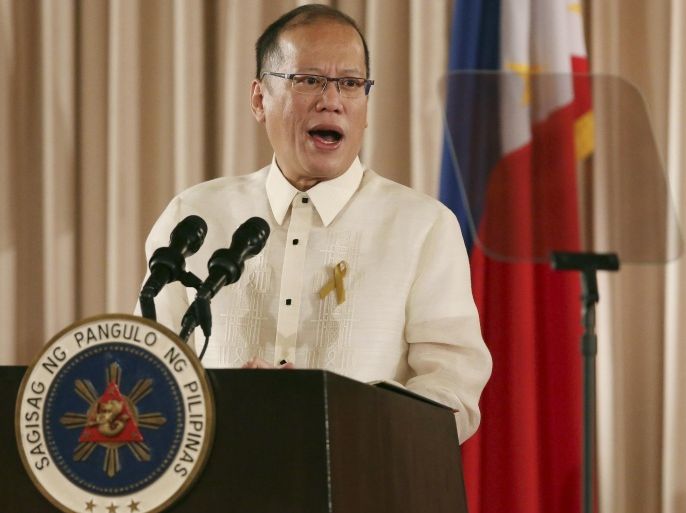 Philippine President Benigno Aquino III delivers his speech during ceremonies for the turnover of the Draft of the Bangsamoro Basic Law at the Malacanang Presidential Palace in Manila, Philippines on Wednesday, Sept. 10, 2014. The Bangsamoro Basic Law is part of government efforts to end the decades-old conflict in southern Philippines. (AP Photo/Aaron Favila)