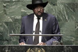 President Salva Kiir, of South Sudan, addresses the 69th session of the United Nations General Assembly, at U.N. headquarters, Saturday, Sept. 27, 2014. (AP Photo/Richard Drew)