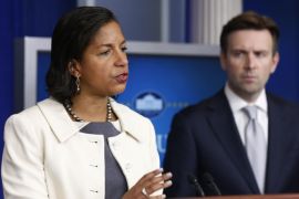 U.S. National Security Adviser Susan Rice (L) speaks to the media next to White House Press Secretary Josh Earnest in the Brady Press Briefing Room inside the White House, in Washington, September 19, 2014. REUTERS/Larry Downing (UNITED STATES - Tags: POLITICS MILITARY)