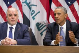 President Barack Obama and Iraqi Prime Minister Haider al-Abadi during their bilateral meeting at the United Nations headquarters, Wednesday, Sept. 24, 2014. (AP Photo/Pablo Martinez Monsivais)