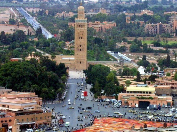 An aerial view taken September 29, 2001 shows Jamaa El Fna square and the Koutoubia mosque of Marrakesh. A powerful blast killed 14 people and injured 20, including several tourists, in a cafe in the Moroccan city of Marrakesh on April 28, 2011 authorities said, describing it as a 'criminal act'.'The casualties include people of various nationalities and reports seem to indicate that it was a criminal act,' an official said. An interior ministry official confirmed the report and said an investigation was under way to shed more light on the blast which occurred on Jamaa El Fna Square, a favourite spot for foreign visitors, in central Marrakesh.
