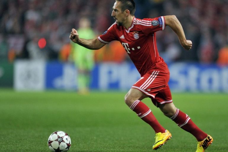 Bayern Munich's Frank Ribery runs in to score the first goal of the game during the Champions League group D soccer match against Manchester City at the Etihad Stadium in Manchester, England, Wednesday, Oct. 2, 2013.