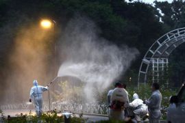 In this Aug. 28, 2014 photo, a worker sprays insecticide to get rid of mosquitos to prevent dengue fever at Yoyogi Park in Tokyo. According to local media reports, Japanese health authorities announced on Thursday they confirmed two more transmitted cases of dengue fever, a day after the authorities have reported the first locally transmitted case of the illness in the country in more than 60 years. They are believed to have been infected after being bitten by mosquitoes at the park. (AP Photo/Kyodo News) JAPAN OUT, MANDATORY CREDIT