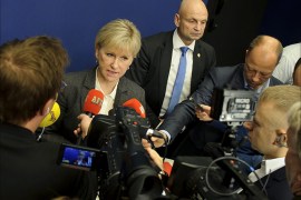 Sweden's Foreign Minister Margot Wallstrom (2nd L) answers journalists' questions on October 30, 2014 at the government building Rosenbad in Stockholm. Sweden officially recognised the state of Palestine, Wallstrom said, less than a month after the government announced its intention to make the controversial move. AFP PHOTO / TT NEWS AGENCY / ANNIKA AF KLERCKER / SWEDEN OUT
