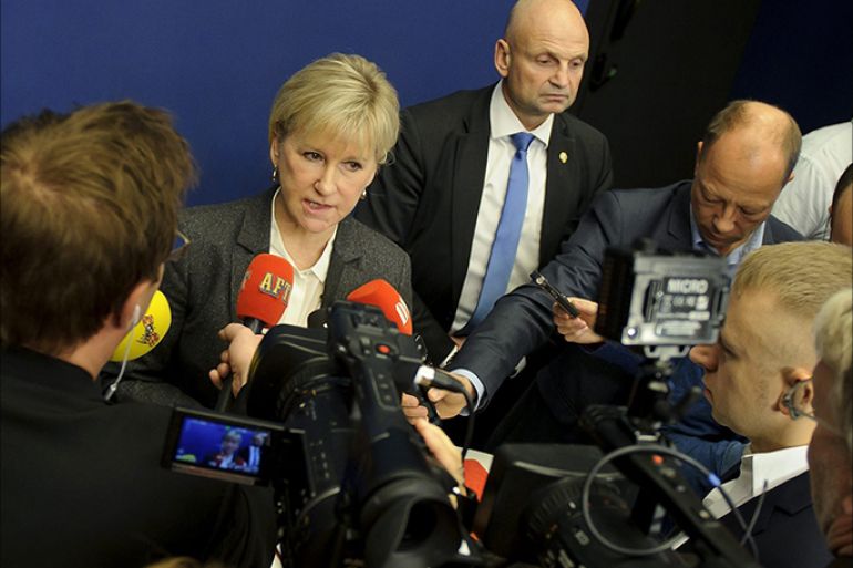 Sweden's Foreign Minister Margot Wallstrom (2nd L) answers journalists' questions on October 30, 2014 at the government building Rosenbad in Stockholm. Sweden officially recognised the state of Palestine, Wallstrom said, less than a month after the government announced its intention to make the controversial move. AFP PHOTO / TT NEWS AGENCY / ANNIKA AF KLERCKER / SWEDEN OUT