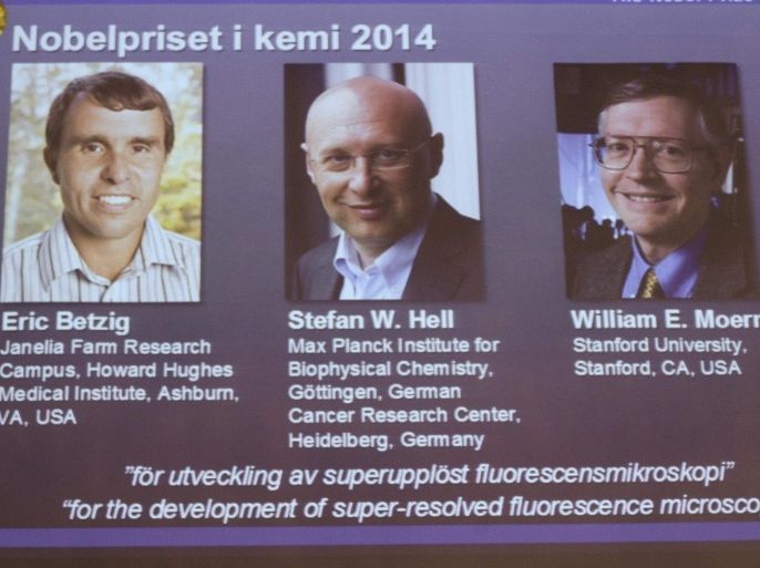A screen showing the names and pictures of the laureates of the 2014 Nobel Prize for Chemistry, is pictured at the Royal Swedish Academy of Sciences in Stockholm October 8, 2014. American scientists Eric Betzig (L) and William Moerner (R) and Germany's Stefan Hell won the 2014 Nobel prize for chemistry for the development of super-resolved fluorescence microscopy, the award-giving body said on Wednesday. REUTERS/Bertil Ericson/TT News Agency (SWEDEN - Tags: SCIENCE TECHNOLOGY SOCIETY) ATTENTION EDITORS - THIS IMAGE WAS PROVIDED BY A THIRD PARTY. FOR EDITORIAL USE ONLY. NOT FOR SALE FOR MARKETING OR ADVERTISING CAMPAIGNS. THIS PICTURE IS DISTRIBUTED EXACTLY AS RECEIVED BY REUTERS, AS A SERVICE TO CLIENTS. SWEDEN OUT. NO COMMERCIAL OR EDITORIAL SALES IN SWEDEN