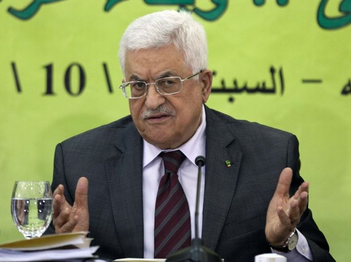 Palestinian President Mahmoud Abbas speaks during a meeting of the Fatah revolutionary council in the West Bank city of Ramallah, Saturday, Oct. 18, 2014. The Palestinian ambassador to the U.N. said Friday his government wants the U.N. Security Council to vote on a resolution before the end of the year that would set November 2016 as the deadline for Israeli troops to withdraw from all Palestinian territories. (AP Photo/Majdi Mohammed)