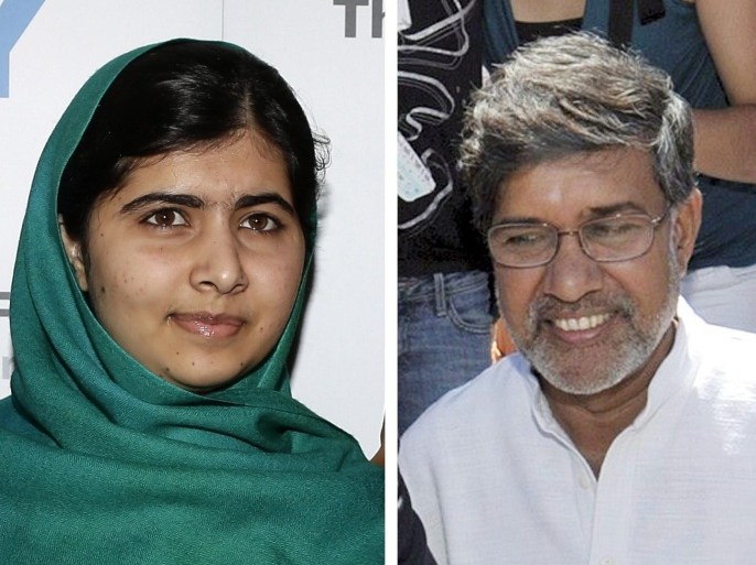 (FILE) A composite file photo dated 10 October 2013 showing Malala Yousafzai (L), the Pakistani teenage advocate for female education, in New York, USA, and a file photo dated 12 June 2009 (R) of children's rights activist Kailash Satyarthi of India in Geneva, Switzerland. Thorbjorn Jagland, Chairman of the Norwegian Nobel Committee announced in Oslo on 10 October 2014 the Norwegian Nobel Committee awarded the 2014 Peace Nobel Prize to Malala Yousafzai from Pakistan and Kailash Satyarthi from India. Malala and Satyarthi share the prize 'for their struggle against the suppression of children and young people and for the right of all children to education,' the Norwegian Nobel Committee says. The committee underlines the importance of a Hindu and a Muslim, an Indian and a Pakistani, joining a common struggle for education and against extremism. *** Local Caption *** 51036399 EPA/JASON SZENES / MARTIAL TREZZINI *** Local Caption *** 51036399