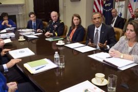 U.S. President Barack Obama meets with members of his national security team and senior staff to receive an update on the Ebola outbreak in West Africa and the administration's response efforts, at the White House in Washington October 6, 2014. From left on Obama's side of the table are Centers for Disease Control and Prevention (CDC) Director Thomas Frieden, Chairman of the Joint Chiefs of Staff Martin Dempsey, Health and Humans Services Secretary Sylvia Burwell, Obama and Homeland Security Advisor and counterterrorism advisor to the President Lisa Monaco. Obama said on Monday his administration was working on additional protocols for screening airplane passengers to identify people who might have Ebola and would step up efforts to make medical professionals aware of what to do if they encounter a case. REUTERS/Kevin Lamarque (UNITED STATES - Tags: POLITICS HEALTH DISASTER)