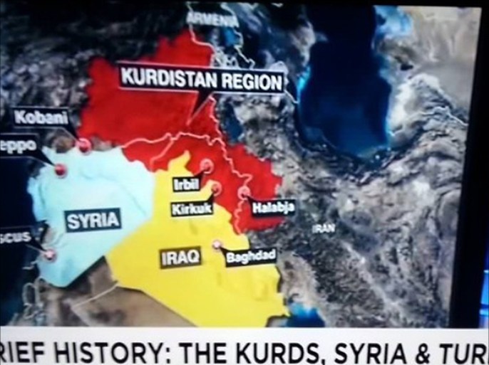 الخريطة التي نشرتها سي إن إن واثارت غضب الجالية التركية في الولايات المتحدة بعد أن أظهرت منطقة شرقي وجنوب شرقي تركيا ضمن دولة أطلقت عليها اسم "كردستان".