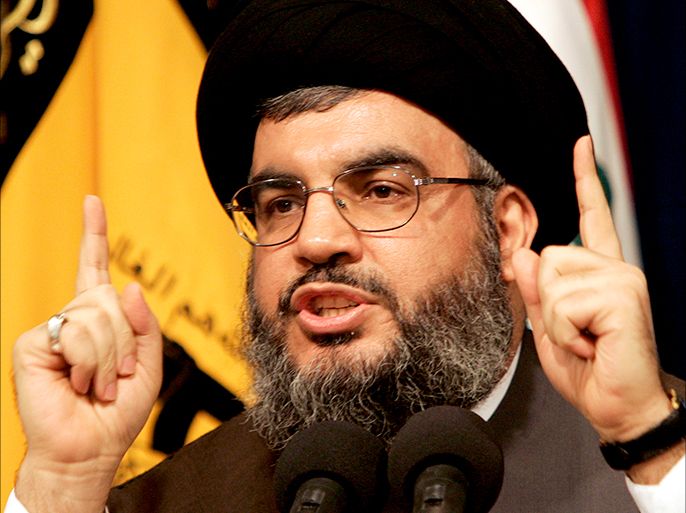 epa00732292 Lebanon's Hezbollah leader Sheikh Hassan Nasrallah gestures as he speaks during a press conference, after street protests last week, Monday 05 June 2006, in Beirut, Lebanon. Supporters of Hezbollah burned tires and blocked streets on 01 June 2006 in Beirut, after the LBCI TV station broadcast an episode of its satirical program 'Bassmat Watan' in which a comedian mocked the character of Hezbollah secretary general Sheikh Hassan Nasrallah. EPA/NABIL MOUNZER