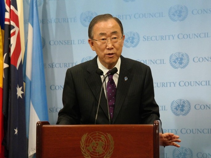 NEW YORK, NY - OCTOBER 16: United Nations Secretary-General Ban Ki-moon speaks during a press conference on his visit to Gaza and Ebola virus, in United Nations headquarters in New York, United States on October 16, 2014.