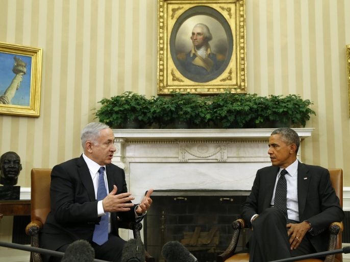 U.S. President Barack Obama (R) meets with Israel's Prime Minister Benjamin Netanyahu at the White House in Washington October 1, 2014. REUTERS/Kevin Lamarque (UNITED STATES - Tags: POLITICS)
