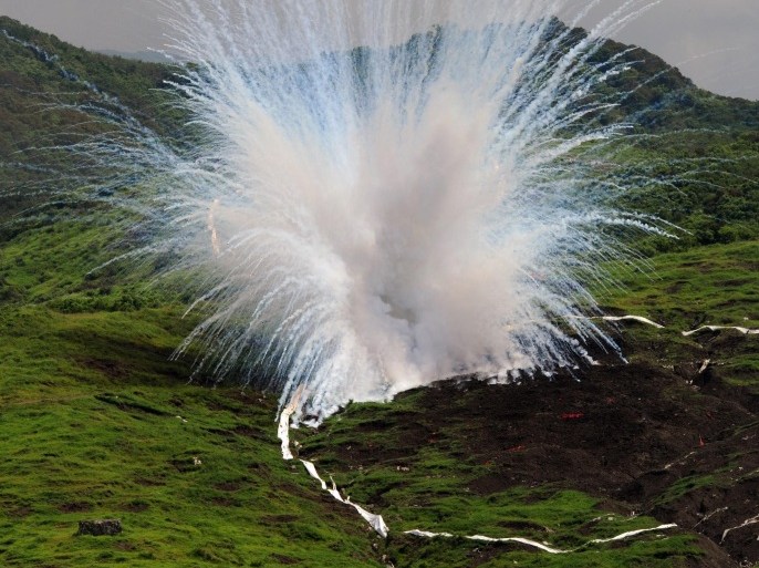 US-made White phosphorous hits the target during the Lien Yung military drill in southern Pingtung county on June 7, 2012. Taiwan displayed its military might at the first live-fire drill simulating Chinese invasion at the very beginning of the second term in office of Taiwan President Ma Ying-jeou.