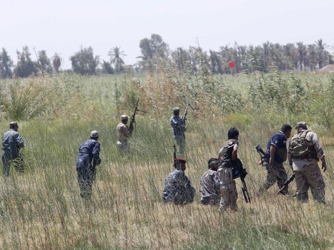 Iraqi soldiers from the Abbas Unit, fan out into the fields in Jurf al Sakhr, 60 kilometers southwest of Baghdad, on August 10, 2014, after they reportedly pushed back Islamic jihadist fighter from the area. The main flashpoints with a large Islamic State presence around Baghdad are Jurf al-Sakhr, about 50 kilometres (30 miles) to the south, Fallujah, the same distance to the west, and a string of towns about 70 kilometres to the north. AFP PHOTO/MOHAMMED SAWAF