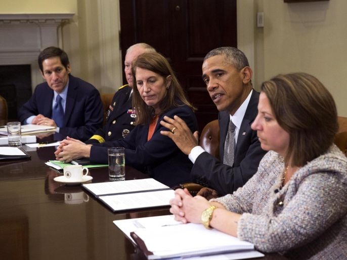 U.S. President Barack Obama meets with members of his national security team and senior staff to receive an update on the Ebola outbreak in West Africa and the administration's response efforts, at the White House in Washington October 6, 2014. From left on Obama's side of the table are Centers for Disease Control and Prevention (CDC) Director Thomas Frieden, Chairman of the Joint Chiefs of Staff Martin Dempsey, Health and Humans Services Secretary Sylvia Burwell, Obama and assistant to the President for Homeland Security and counterterrorism Lisa Monaco. Obama said on Monday his administration was working on additional protocols for screening airplane passengers to identify people who might have Ebola and would step up efforts to make medical professionals aware of what to do if they encounter a case. REUTERS/Kevin Lamarque (UNITED STATES - Tags: POLITICS HEALTH DISASTER)