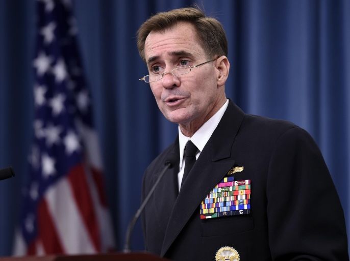 FILE - In this Sept. 2, 2014, file photo, Pentagon press secretary Navy Rear Adm. John Kirby speaks during a briefing at the Pentagon. The Pentagon on Monday night, Sept. 22, says the U.S. and partner nations have begun airstrikes in Syria against Islamic State militants, using a mix of fighter jets, bombers and Tomahawk missiles fired from ships in the region. Kirby says that because the military operation is ongoing, no details can be provided yet. He says the decision to strike was made early Monday by the military. (AP Photo/Susan Walsh, File)