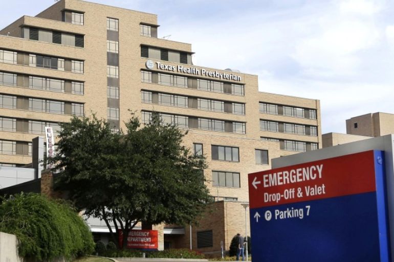 A sign points to the entrance to the emergency room at Texas Health Presbyterian Hospital Dallas, where U.S. Ebola patient Thomas Eric Duncan was being treated, Wednesday, Oct. 8, 2014, in Dallas. The hospital said Wednesday that Duncan has died. (AP Photo/LM Otero)