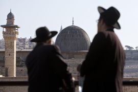 Ultra-Orthodox Jewish men stand in front of the Al Aqsa Mosque in Jerusalem's Old City, Sunday, Oct. 12, 2014. (AP Photo/Sebastian Scheiner)
