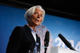 International Monetary Fund Managing Director Christine Lagarde gives opening remarks before a session addressing inclusive growth during the IMF-World Bank annual meetings in Washington October 8, 2014. REUTERS/Jonathan Ernst (UNITED STATES - Tags: POLITICS BUSINESS)