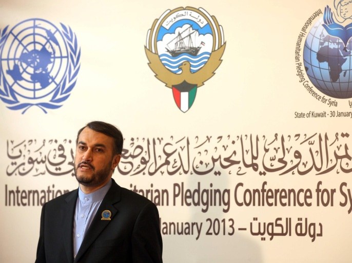 Iranian deputy foreign minister for Arab and African affairs Hossein Amir Abdollahian speaks to reporters during the opening ceremony of the International Humanitarian Pledging Conference for Syria at the Bayan Palace in Kuwait City on January 30, 2013. Kuwait kicked off the international donors conference for civilians caught up in the Syrian conflict with a pledge of $300 million, as UN chief Ban Ki-moon warned of a 'catastrophic' situation.