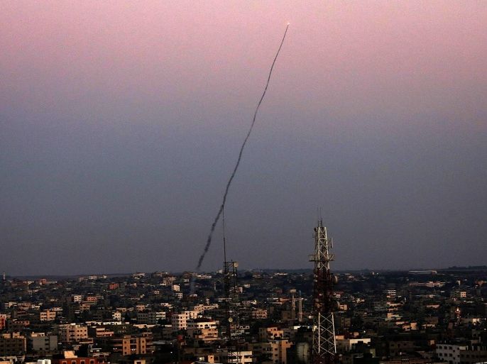 M75 rocket launched from the coastal strip into Israel by militants of Ezz Al-Din Al Qassam militia, the military wing of Hamas movement, in Gaza City, 10 July 2014. Intense Israeli airstrikes continued overnight throughout the Gaza Strip, where black pillars of smoke have been rising since Israel launched operation Protective Edge before dawn on 08 July, in response to an escalation in rocket attacks from militants in Gaza Strip. The death toll reached 48 in the Gaza Strip after at least 77 hours of Israeli bombardment. Meanwhile, rockets fired by Palestinian militants reached the seaside metropolis of Tel Aviv.