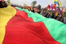 An aerial view shows pro-kurdish demonstrators holding a giant flag as they gather on October 11, 2014 in Duesseldorf, north-western Germany, during a rally in solidarity with Kurds trapped in the northern Syrian city of Kobane where they are besieged by Islamic State (IS) jihadist militants. Turkey has recently tightened security of its porous Syrian border after the escalating fighting in Kobane sparked the exodus of 200,000 refugees over the frontie