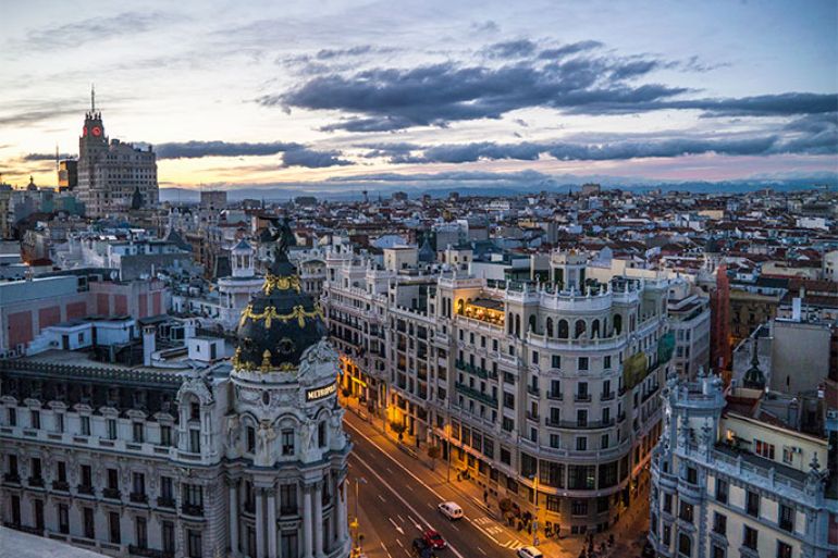 Madrid skyline, Gran VÃ­a at dusk - الموسوعة