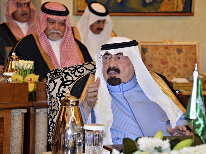In this Sunday, Nov. 16, 2014 photo provided by the Saudi Press Agency, Saudi King Abdullah meets with rulers from the six-nation Gulf Cooperation Council member-states in an emergency session in Riyadh, Saudi Arabia. In a statement released early Monday Saudi Arabia, the United Arab Emirates and Bahrain said they will reinstate their ambassadors to Qatar after withdrawing them in an unprecedented move eight months ago. State media and government-linked commentators across the Gulf had been calling for an end to the diplomatic spat in the face of emerging threats from the Islamic State group in Iraq and Syria. (AP Photo/SPA)