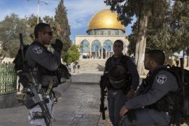 Israeli riot police rest in the shade near the Dome of the Rock, in a plaza in the al-Aqsa Mosque compound, or Hareem el-Sharif (The Noble Sanctuary), also known as the Temple Mount to many, Jerusalem, Israel, 13 November 2014. Israeli leaders claim the 'status quo' concerning access to prayers and tourist visits, including visits by religious Jews though they are not allowed to pray there, will continue.