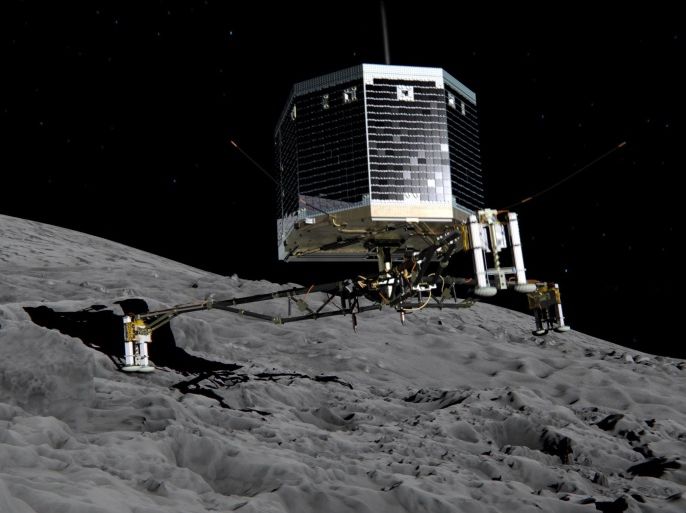 DARMSTADT, GERMANY - NOVEMBER 12: (EDITORIAL USE ONLY) In this February 17, 2014 handout photo illustration provided by the European Space Agency (ESA) the Philae lander is pictured descending onto the 67P/Churyumov-Gerasimenko comet. ESA will attempt to land the Philae lander onto the comet in the afternoon (GMT) of November 12 which, if successful, will be the first time ever that a man-made craft has landed onto a comet. The Philae lander, launched from the Rosetta probe, is a mini laboratory that will harpoon itself to the surface, though a problem with a gas thruster detected November 11 is making the outcome of the landing uncertain. (Photo ESA via Getty Images)