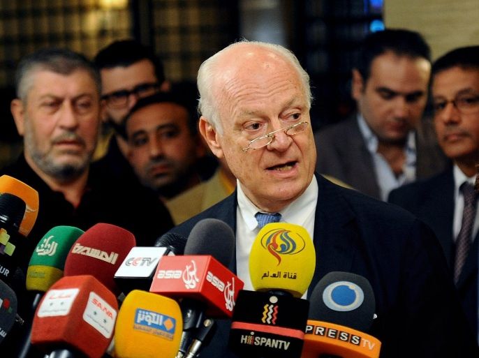 In this photo released by the Syrian official news agency SANA, United Nations special envoy to Syria Staffan de Mistura, speaks during a press conference in Damascus, Syria, Tuesday, Nov. 11, 2014. The United Nation’s envoy to Syria is calling for a truce in the northern city of Aleppo as a building block to a wider resolution of the country’s grinding civil war. (AP Photo/SANA)