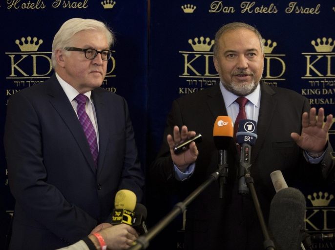 German Foreign Minister Frank-Walter Steinmeier (L) deliver a short statement to the media with Israeli Foreign Minister Avigdor Lieberman (R) at the King David Hotel in Jerusalem, Israel, 16 November 2014. Steinmeier is on a two day visit to the middle East to discuss the current tensions between Israel and Palestine in the West Bank and Jerusalem.