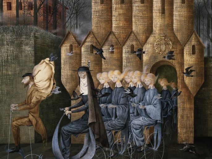 This image released by Sotheby's shows "Hacia la torre" an oil on masonite by Spanish-Mexican artist Remedios Varo. The piece is part of "A Vision of Grandeur: Masterworks from the Collection of Lorenzo H. Zambrano," being auctioned Monday, Nov. 24, 2014 by Sotheby's New York. (AP Photo/Sotheby's)