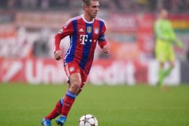 MUNICH, GERMANY - NOVEMBER 05: Philipp Lahm of Bayern Muenchen in action during the UEFA Champions League Group E match between FC Bayern Munchen and AS Roma at Allianz Arena on November 5, 2014 in Munich, Germany.
