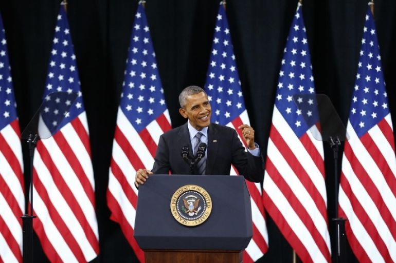 President Barack Obama delivers remarks on his use of executive authority to relax U.S. immigration policy during a speech at Del Sol High School in Las Vegas, Nevada November 21, 2014. Obama defended his decision to bypass Congress and overhaul U.S. immigration policy on his own on Friday, saying he was forced to act because House of Representatives Speaker John Boehner would not let legislation come to a vote. REUTERS/Mike Blake (UNITED STATES - Tags: POLITICS SOCIETY IMMIGRATION TPX IMAGES OF THE DAY)