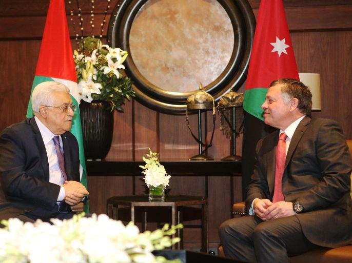 AMMAN, JORDAN- NOVEMBER 12: Jordan's King Abdullah II meets with Palestinian President Mahmoud Abbas at Al Husaineya palace on November 12, 2014 in Amman, Jordan. Abbas's visit comes as tensions between Israelis and the Palestinians are rising over competing claims to the Al-Aqsa mosque in Jerusalem's Old City, of which Jordan is the custodian.