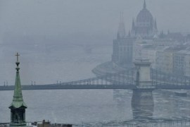 Hungarian capital's famous landmarks such as the Parliamemt building and the Chain Bridge over the Danube are seen under a grey blanket of fog and smog after air pollution levels had risen rapidly over several freezing, windless days and Budapest's mayor issued the capital's first full-scale smog alert in Hungary, Sunday, Jan. 11, 2009. The smog increase is being caused partly by power plants that were forced to switch from natural gas to more polluting fuels after gas shipments from Russia through Ukraine to Europe were suspended last week.