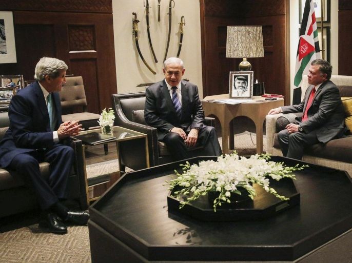 In this photo released by the Jordanian Royal Palace, U.S. Secretary of State John Kerry, from left, Israeli Prime Minister Benjamin Netanyahu and Jordanian King Abdullah II meet in Amman, Jordan, Thursday, Nov. 13, 2014. The meeting was to discuss ways to restore unrest in Jerusalem. Kerry met earlier Thursday with Jordanian Foreign Minister Nasser Judeh and with Palestinian President Mahmoud Abbas. Abbas didn't join the trilateral discussion on Thursday evening. (AP Photo/Jordanian Royal Palace, Yousef Allan)